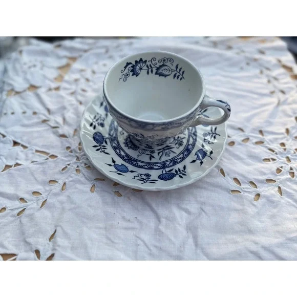 Wood and Sons Old Vienna Blue White Ironstone Tea Cup Saucer Set England Vintage - Picture 3 of 7